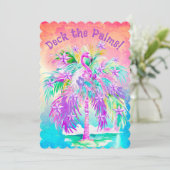 Gepersonaliseerde Roze Flamingo's Kerst Palmboom Feestdagenkaart (Staand voorkant)