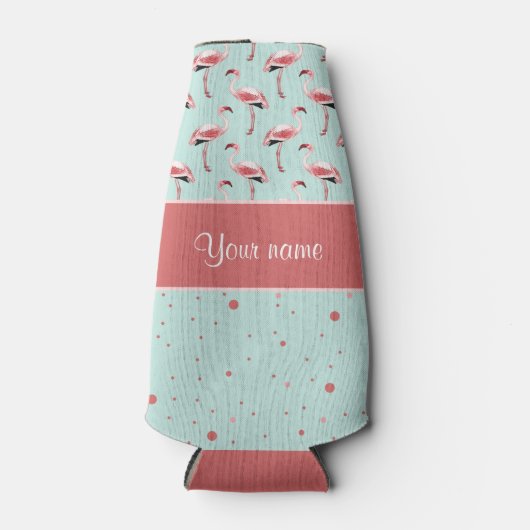 Gepersonaliseerde roze flamingo's polka stippen flesjeskoeler (Voorkant)