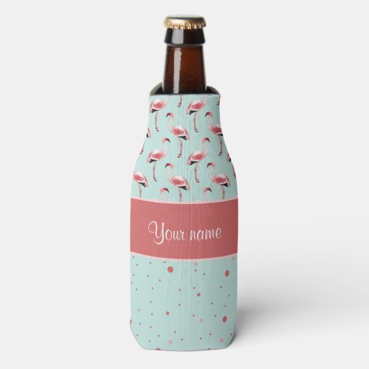 Gepersonaliseerde roze flamingo's polka stippen flesjeskoeler (Fles Voorkant)