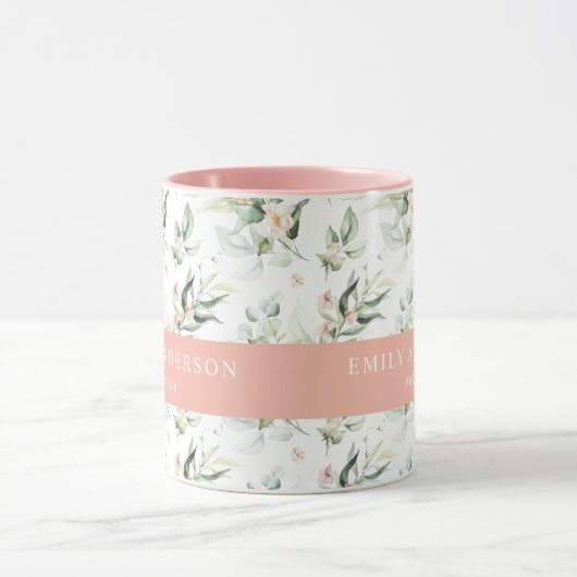 Gepersonaliseerde roze Floral Greenery Elegant Flo Mok (Midden)