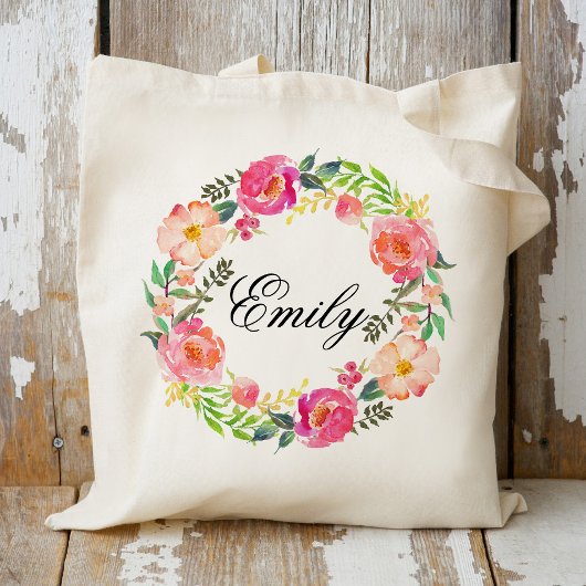 Gepersonaliseerde roze Floral Wreath Braidsmaid, W Tote Bag