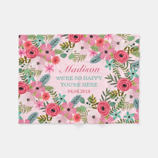 Gepersonaliseerde roze florale babydeken fleece deken (Voorkant (Horizontaal))