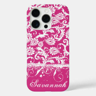 Gepersonaliseerde roze funky damast iPhone 16 pro hoesje