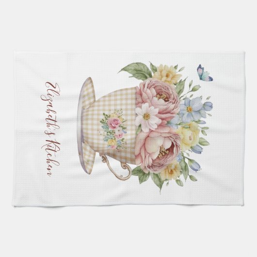 Gepersonaliseerde roze geel blauwe bloemen in thee theedoek (Horizontaal)