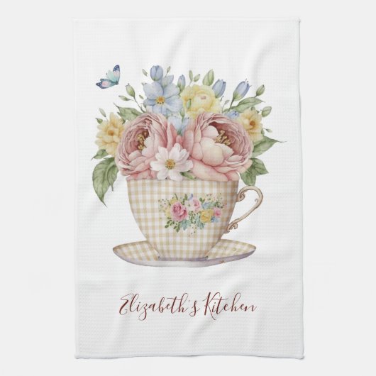 Gepersonaliseerde roze geel blauwe bloemen in thee theedoek (Verticaal)