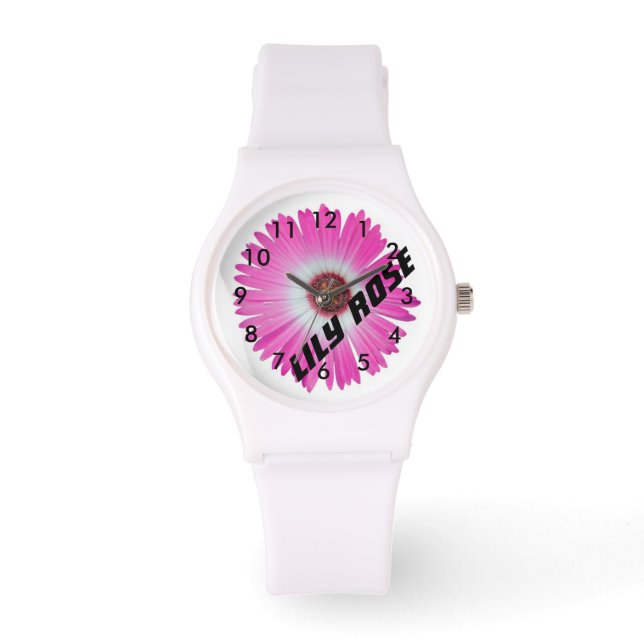 Gepersonaliseerde Roze Gerbera Daisy Horloge (Voorkant)