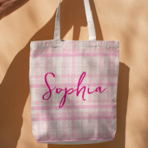 Gepersonaliseerde Roze Geruite Naam Boodschappenta