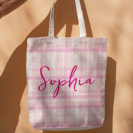 Gepersonaliseerde Roze Geruite Naam Boodschappenta Tote Bag