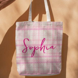 Gepersonaliseerde Roze Geruite Naam Boodschappenta Tote Bag