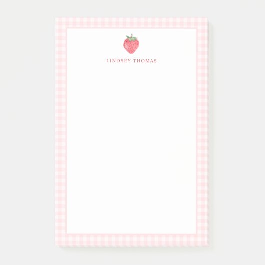 Gepersonaliseerde roze geruite rand met aardbei post-it® notes (Voorkant)
