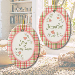 Gepersonaliseerde roze geruite 'Vreugde in elk hoo Keramisch Ornament