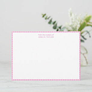 Gepersonaliseerde roze gingham kinderkamer naam br bedankkaart
