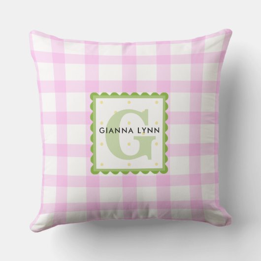 Gepersonaliseerde Roze Gingham Monogram Babykamer  Kussen (Achterkant)