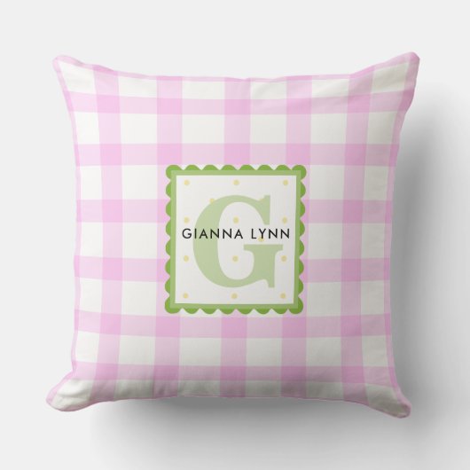 Gepersonaliseerde Roze Gingham Monogram Babykamer Kussen (Voorkant)