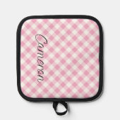 Gepersonaliseerde roze gingham pannenlap met naam (Voorkant)