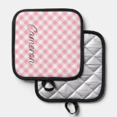 Gepersonaliseerde roze gingham pannenlap met naam (Voorkant / Achterkant)