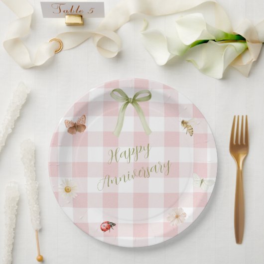 Gepersonaliseerde roze gingham papieren bord (Huwelijk)