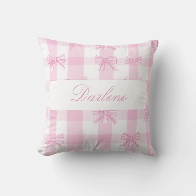 Gepersonaliseerde Roze Gingham Strik Kussen (Voorkant)