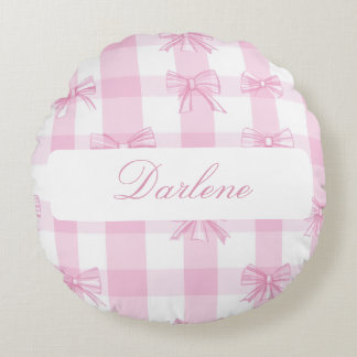 Gepersonaliseerde Roze Gingham Strik Rond Kussen