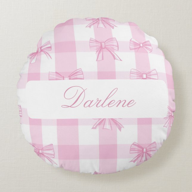 Gepersonaliseerde Roze Gingham Strik Rond Kussen (Voorkant)