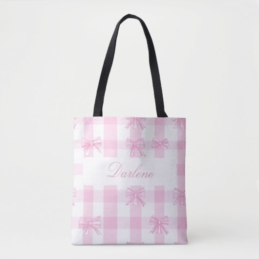 Gepersonaliseerde Roze Gingham Strik Tote Bag (Voorkant)