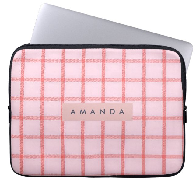 Gepersonaliseerde Roze Ginghamruit Laptop Sleeve (Voorkant)