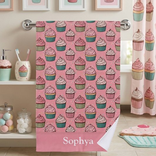 Gepersonaliseerde Roze Glitter Cupcake Badhanddoek