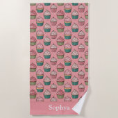 Gepersonaliseerde Roze Glitter Cupcake Strandlaken (Voorkant)
