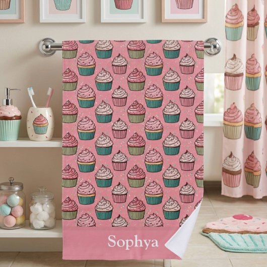 Gepersonaliseerde Roze Glitter Cupcake Strandlaken