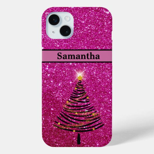 Gepersonaliseerde Roze Glitter Kerstboom Case-Mate iPhone Case (Achterkant)