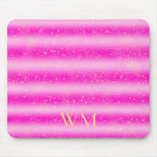 Gepersonaliseerde roze glitter strepen goudmonogra muismat (Voorkant)