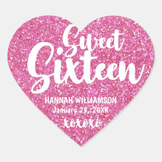 Gepersonaliseerde Roze Glitter Sweet Sixteen XOXOX Hart Sticker (Voorkant)