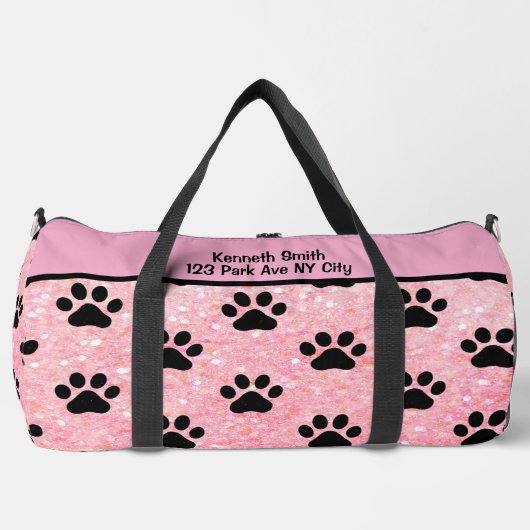 Gepersonaliseerde roze glitterspoor poot Monogram  Plunjezak (Voorkant)