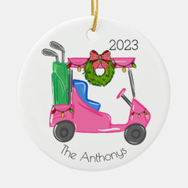 Gepersonaliseerde Roze Golfkar Kerstverlichting Keramisch Ornament