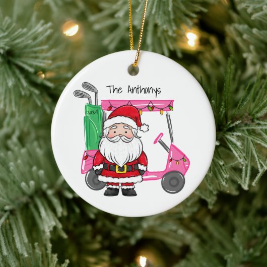 Gepersonaliseerde Roze Golfkar Kerstverlichting Keramisch Ornament (Boom)