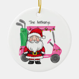 Gepersonaliseerde Roze Golfkar Kerstverlichting Keramisch Ornament