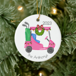 Gepersonaliseerde Roze Golfkar met Lichtjes Kerstm Keramisch Ornament