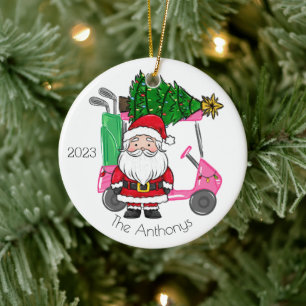 Gepersonaliseerde roze golfkar Santa Christmas Tre Keramisch Ornament
