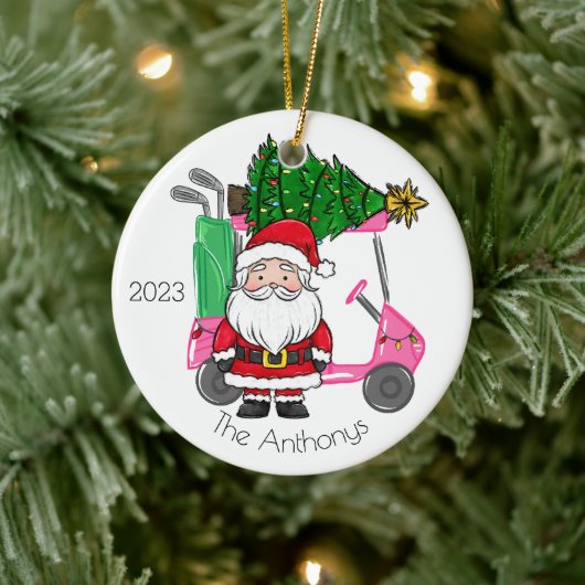 Gepersonaliseerde roze golfkar Santa Christmas Tre Keramisch Ornament (Boom)