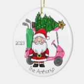 Gepersonaliseerde roze golfkar Santa Christmas Tre Keramisch Ornament (Links)