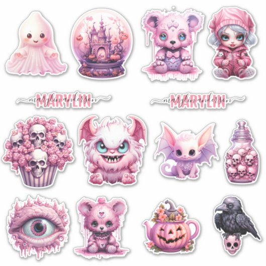 GEPERSONALISEERDE ROZE GOTISCHE HALLOWEEN AANGEPAS STICKER (Voorkant)