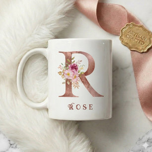 Gepersonaliseerde Roze Gouden Bloem Letter R Monog Koffiemok