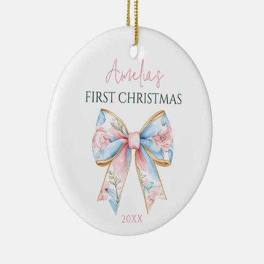 Gepersonaliseerde Roze Gouden Boog Baby Meisje 1e Keramisch Ornament (Rechts)