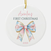 Gepersonaliseerde Roze Gouden Boog Baby Meisje 1e  Keramisch Ornament (Voorkant)