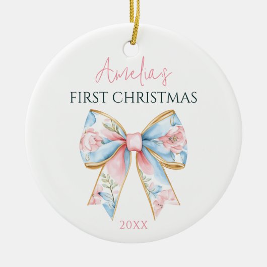 Gepersonaliseerde Roze Gouden Boog Baby Meisje 1e  Keramisch Ornament (Voorkant)