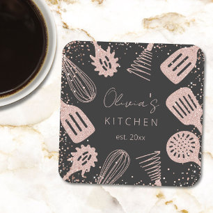 Gepersonaliseerde Roze Gouden Glitter Kookgerei Kartonnen Onderzetters