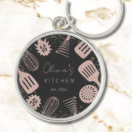 Gepersonaliseerde Roze Gouden Glitter Kookgerei Sleutelhanger