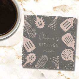 Gepersonaliseerde Roze Gouden Glitter Kookgerei Stenen Onderzetter