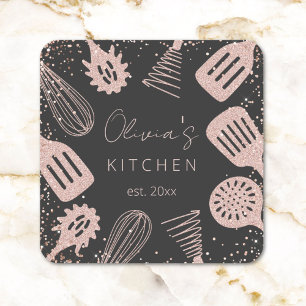 Gepersonaliseerde Roze Gouden Glitter Kookgerei Vierkante Sticker