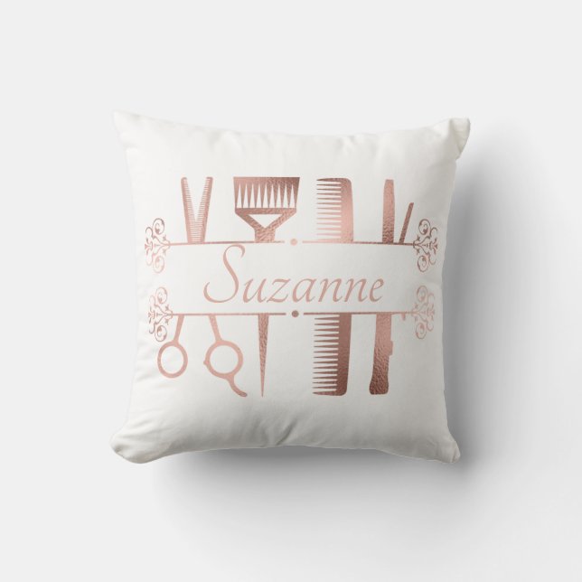 Gepersonaliseerde roze gouden kapsalon kapper kussen (Voorkant)